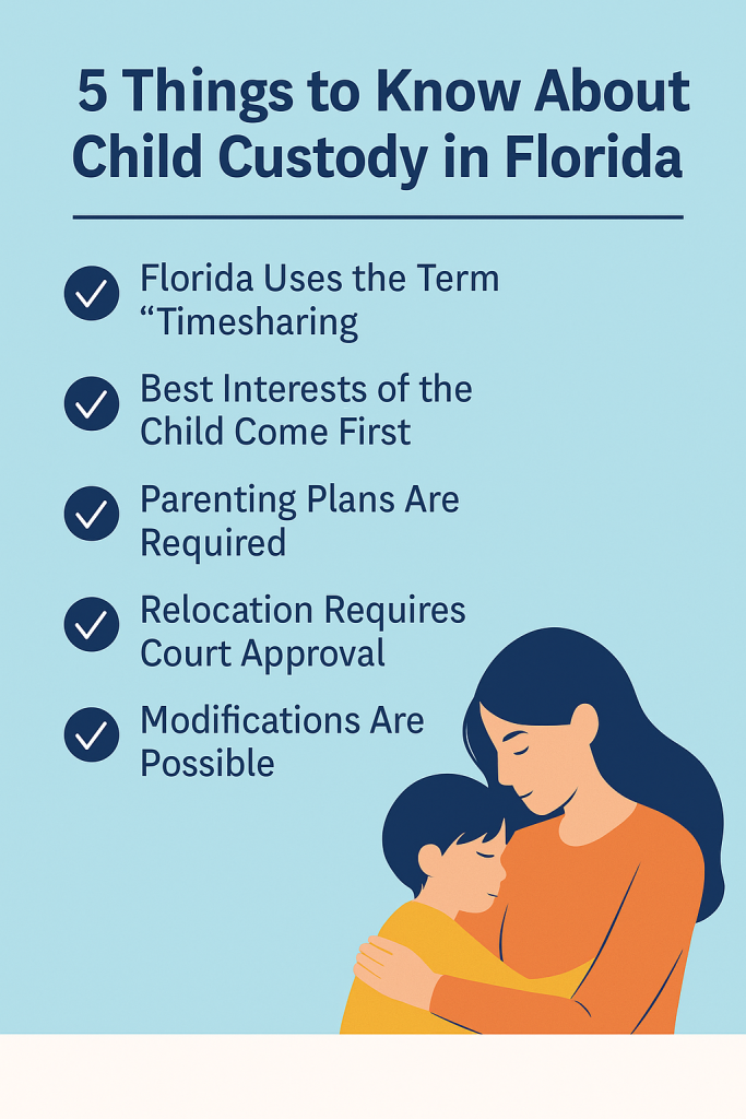 Informational graphic displaying the title “5 Things to Know About Child Custody in Florida,” featuring icons for parenting, legal documents, and a calendar to represent custody scheduling and Florida family law.