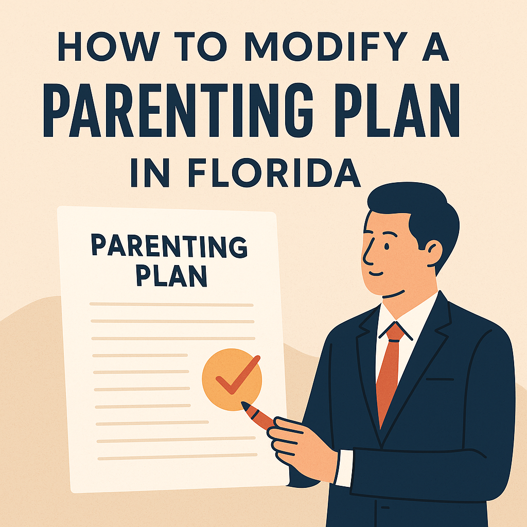 Flat digital illustration with text explaining how to modify a parenting plan in Florida, designed for a family law blog
