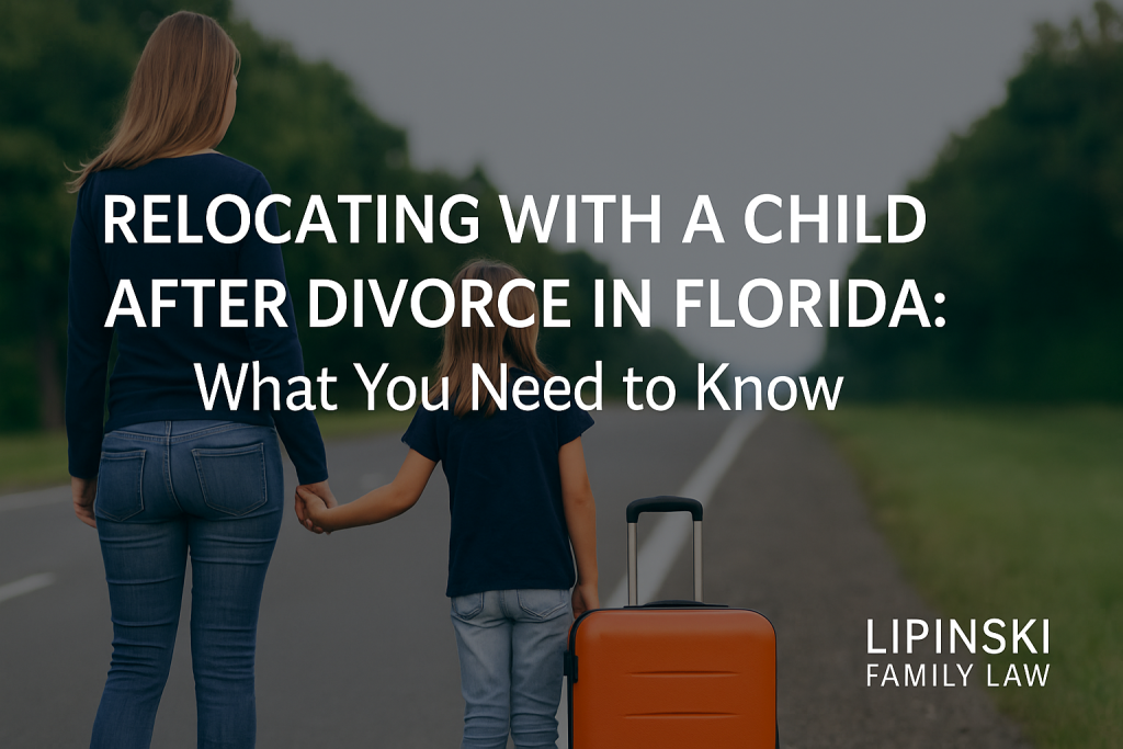 A divorced mother and her child holding hands beside a suitcase on a rural road, representing relocating with a child after divorce in Florida.
