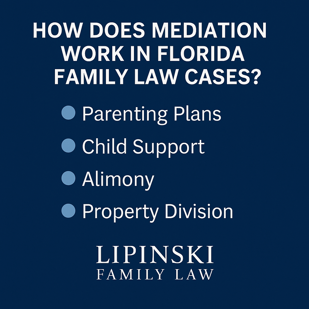 Infographic describing the Florida family law mediation process, including parenting plans, alimony, and custody resolution through mediation.