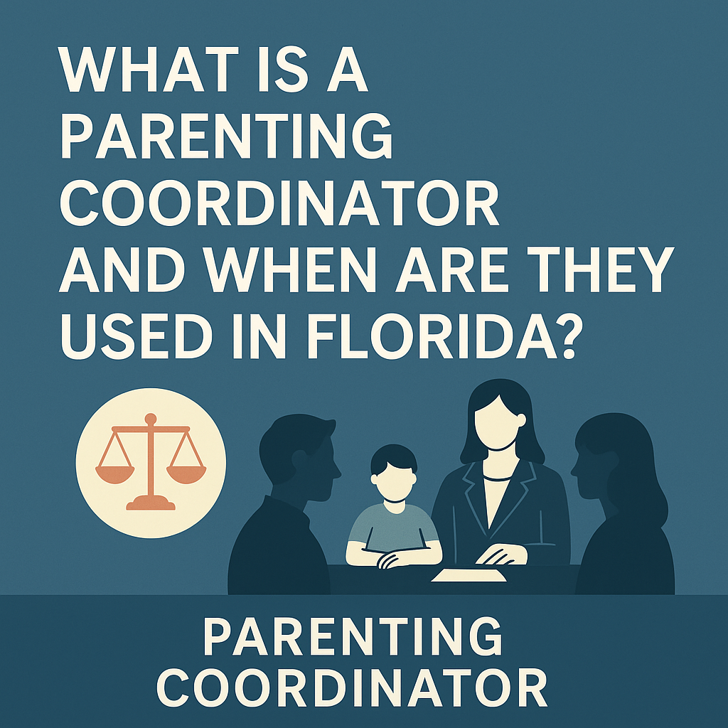 Parenting coordinator illustration showing parents and child in a Florida family law setting